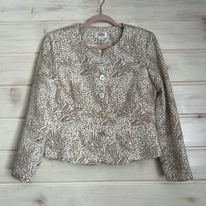 Talbots Beige White Abstract Long Sleeve Formal Evening Jacket 100% Silk Size 10